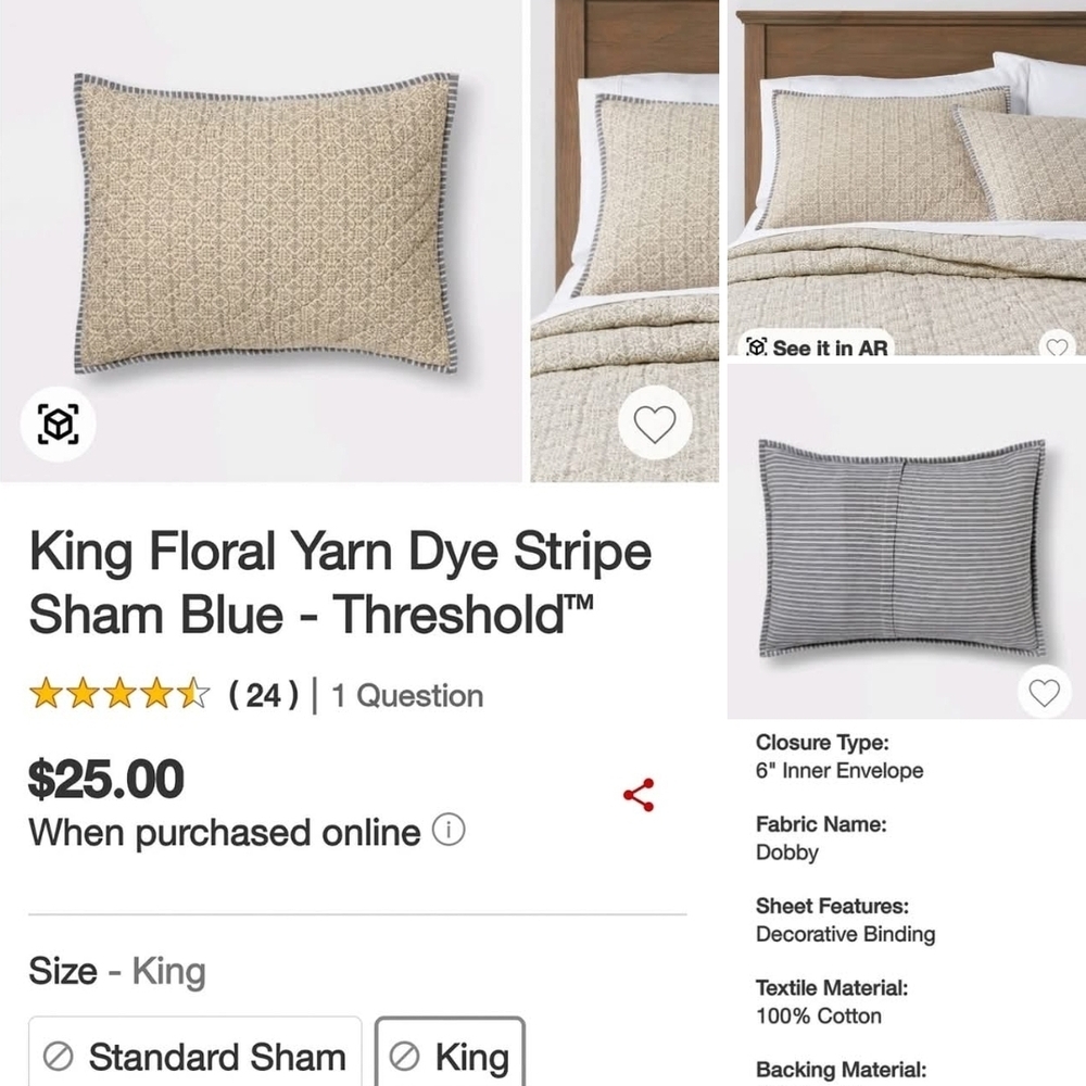 🆕️Threshold King Floral Yarn Dye Stripe Sham - Cream and Gray